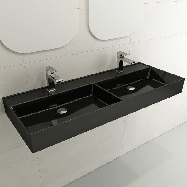 BOCCHI Milano 47" Black Double Bowl Fireclay Wall-Mounted Bathroom Sink with Overflows