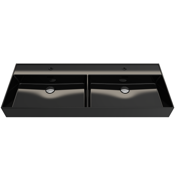 BOCCHI Milano 47" Black Double Bowl Fireclay Wall-Mounted Bathroom Sink with Overflows