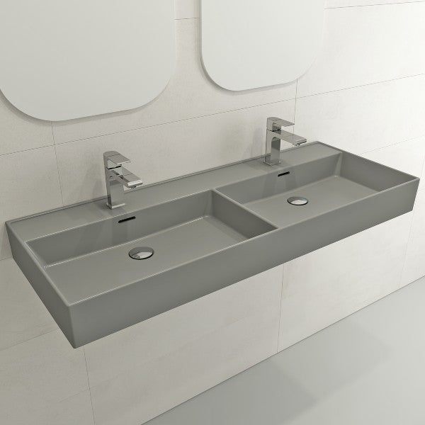 BOCCHI Milano 47" Matte Gray Double Bowl Fireclay Wall-Mounted Bathroom Sink with Overflows