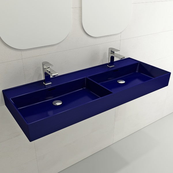 BOCCHI Milano 47" Sapphire Blue Double Bowl Fireclay Wall-Mounted Bathroom Sink with Overflows