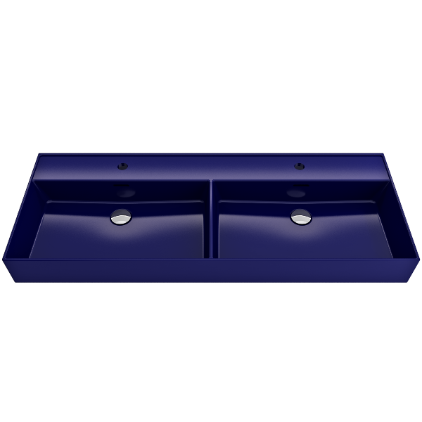 BOCCHI Milano 47" Sapphire Blue Double Bowl Fireclay Wall-Mounted Bathroom Sink with Overflows