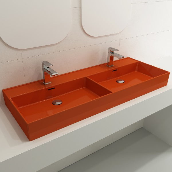 BOCCHI Milano 47" Orange Double Bowl Fireclay Wall-Mounted Bathroom Sink with Overflows