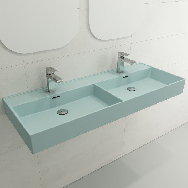 BOCCHI Milano 47" Matte Ice Blue Double Bowl Fireclay Wall-Mounted Bathroom Sink with Overflows