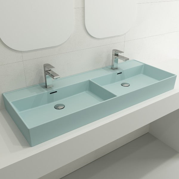 BOCCHI Milano 47" Matte Ice Blue Double Bowl Fireclay Wall-Mounted Bathroom Sink with Overflows