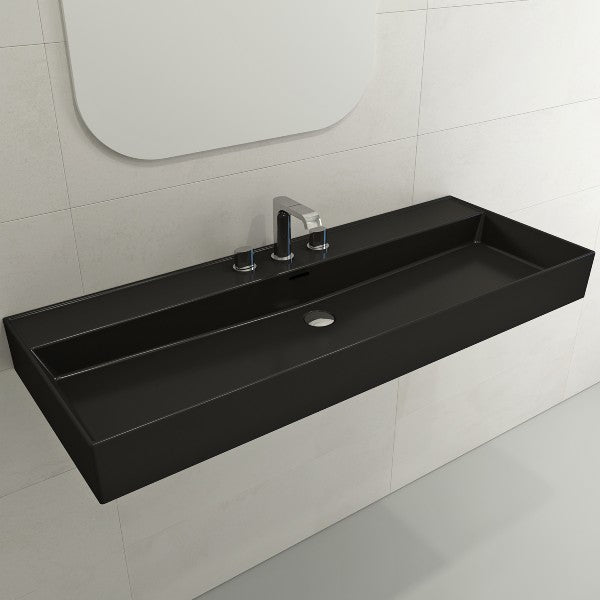 BOCCHI Milano 47" Matte Black 3-Hole Wall-Mounted Bathroom Sink Fireclay with Overflow