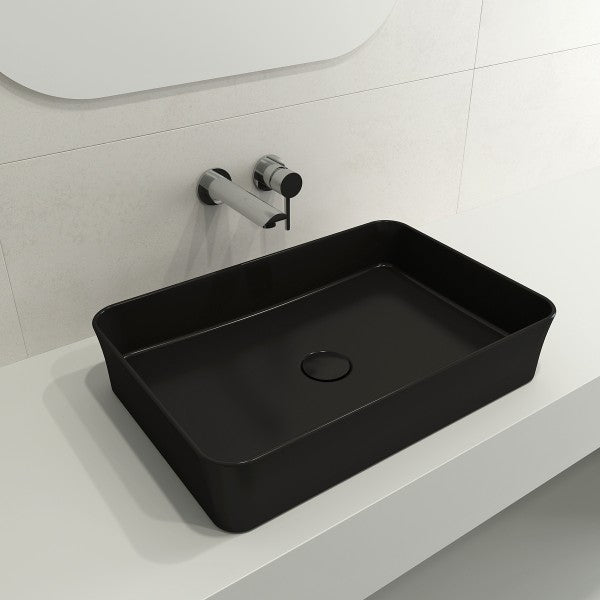 BOCCHI Sottile 21" Matte Black Rectangle Fireclay Vessel Bathroom Sink with Drain Cover