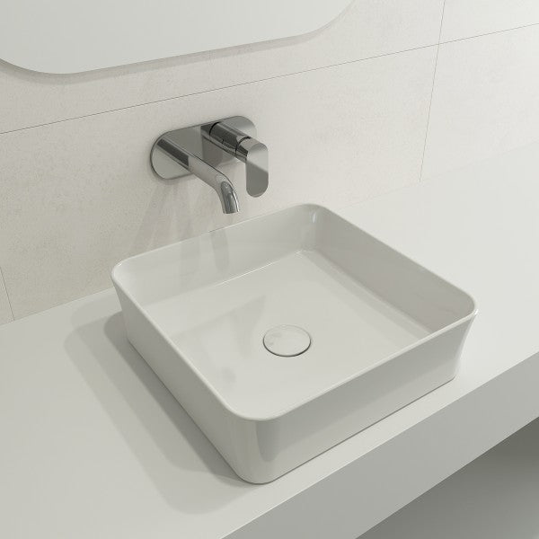 BOCCHI Sottile 15" White Square Vessel Fireclay Bathroom Sink with Drain Cover