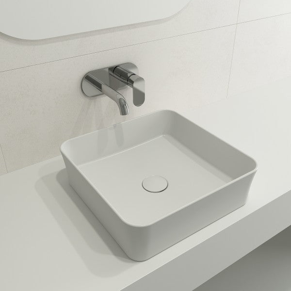 BOCCHI Sottile 15" Matte White Square Vessel Fireclay Bathroom Sink with Drain Cover