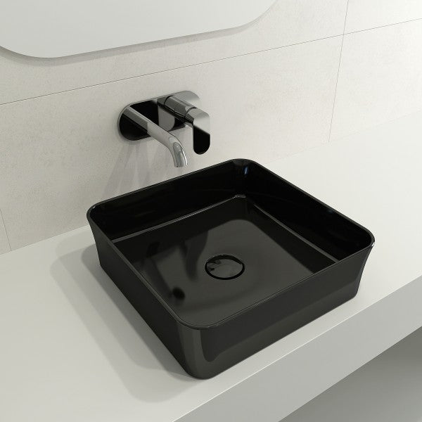 BOCCHI Sottile 15" Black Square Vessel Fireclay Bathroom Sink with Drain Cover
