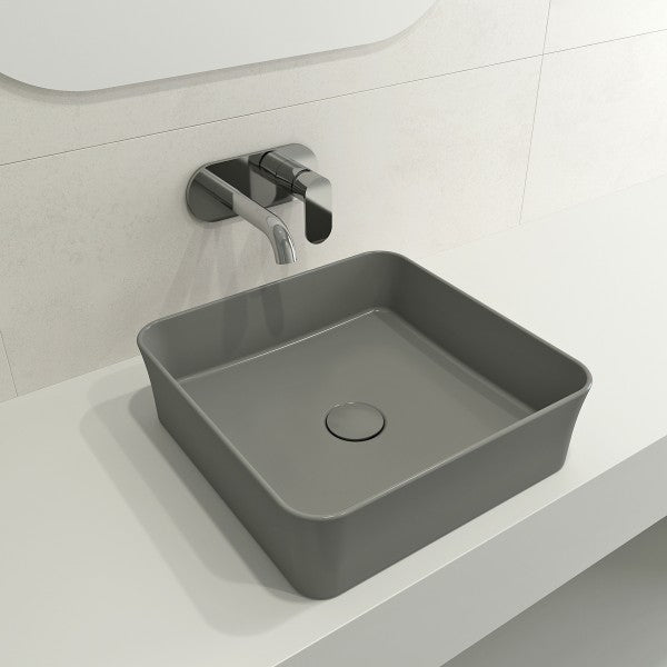 BOCCHI Sottile 15" Matte Gray Square Vessel Fireclay Bathroom Sink with Drain Cover