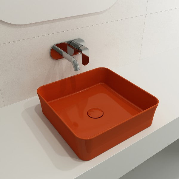BOCCHI Sottile 15" Orange Square Vessel Fireclay Bathroom Sink with Drain Cover