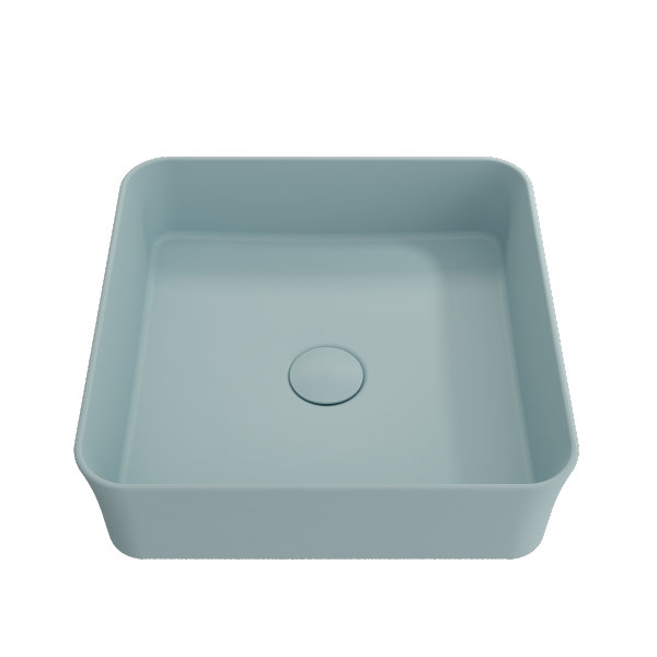 BOCCHI Sottile 15" Matte Ice Blue Square Vessel Fireclay Bathroom Sink with Drain Cover