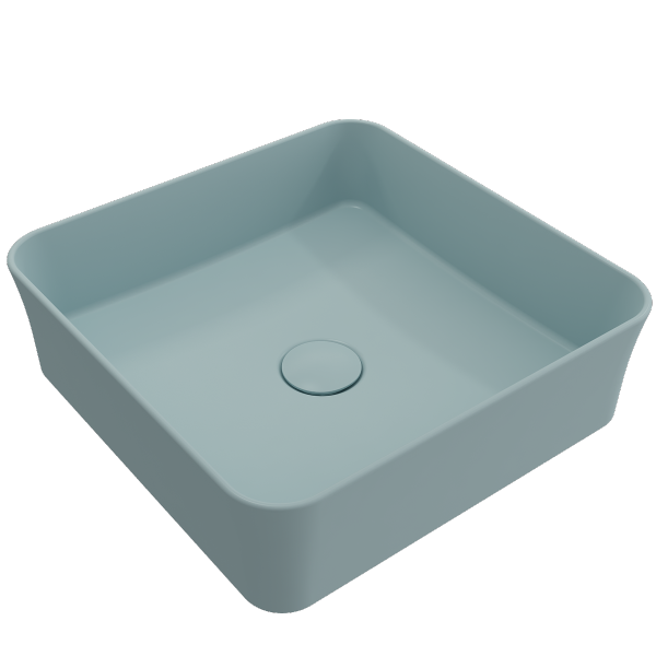 BOCCHI Sottile 15" Matte Ice Blue Square Vessel Fireclay Bathroom Sink with Drain Cover