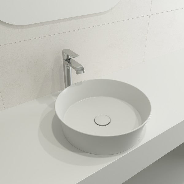 BOCCHI Sottile 15" Matte White Round Vessel Fireclay Bathroom Sink with Drain Cover