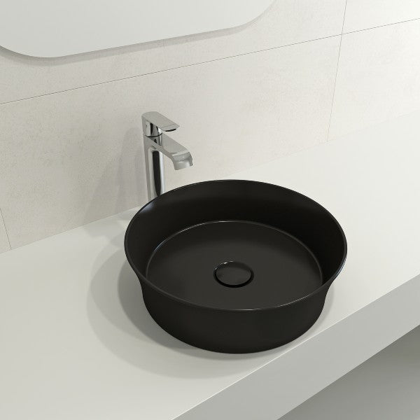 BOCCHI Sottile 15" Matte Black Round Vessel Fireclay Bathroom Sink with Drain Cover