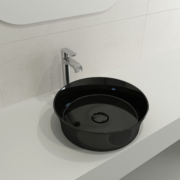 BOCCHI Sottile 15" Black Round Vessel Fireclay Bathroom Sink with Drain Cover