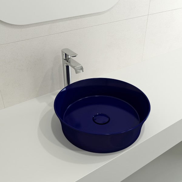 BOCCHI Sottile 15" Sapphire Blue Round Vessel Fireclay Bathroom Sink with Drain Cover