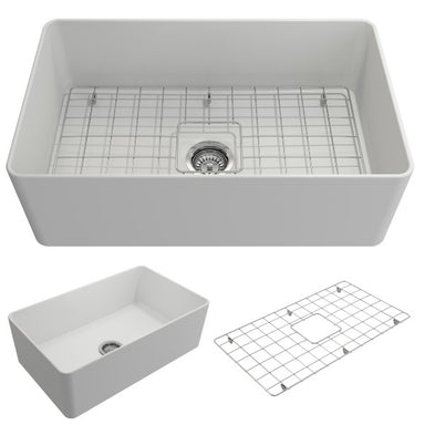 BOCCHI Aderci 30" Matte White Single Bowl Ultra-Slim Fireclay Farmhouse Sink with Accessories