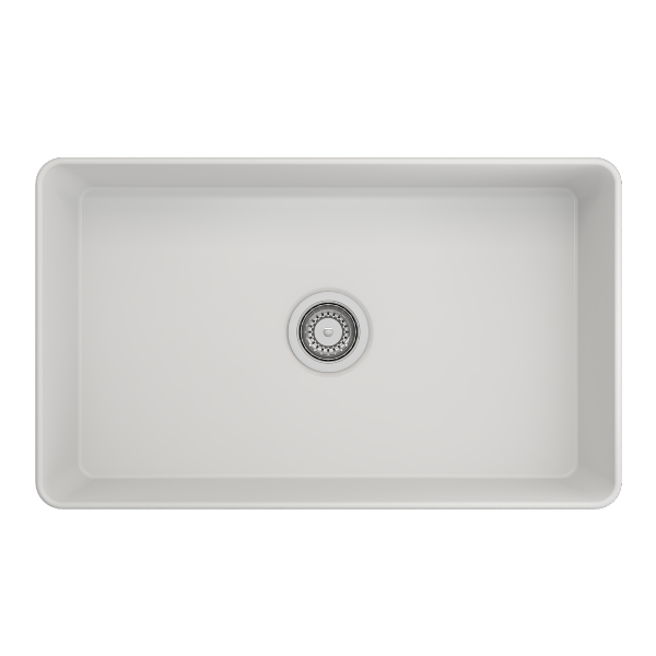 BOCCHI Aderci 30" Matte White Single Bowl Ultra-Slim Fireclay Farmhouse Sink Top View w/o Grid