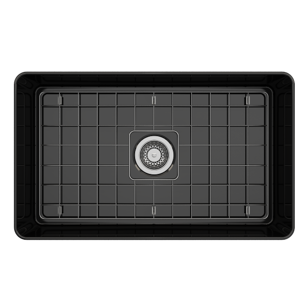BOCCHI Aderci 30" Black Single Bowl Ultra-Slim Fireclay Farmhouse Sink Top View w/o Grid