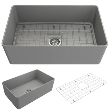 BOCCHI Aderci 30" Matte Gray Single Bowl Ultra-Slim Fireclay Farmhouse Sink Front View with Accessories