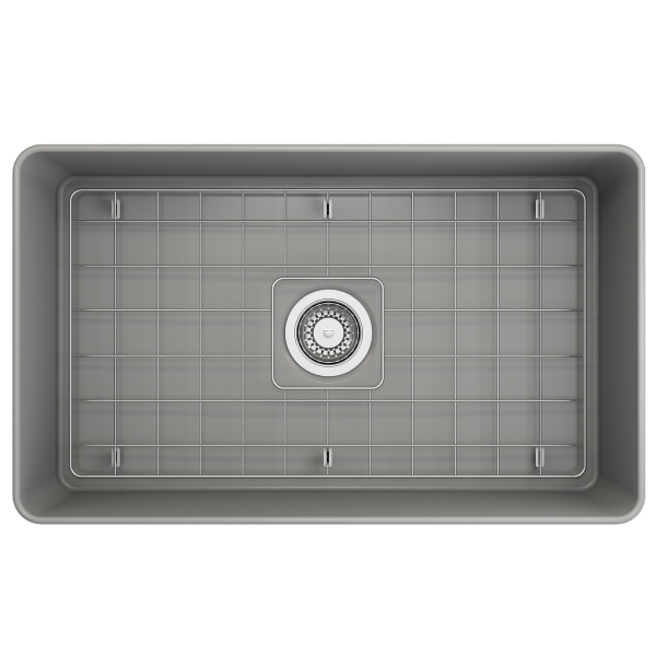 BOCCHI Aderci 30" Matte Gray Single Bowl Ultra-Slim Fireclay Farmhouse Sink Top View w/ Grid