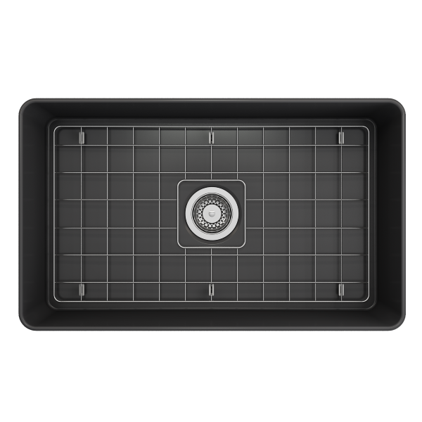 BOCCHI Aderci 30" Matte Dark Gray Single Bowl Ultra-Slim Fireclay Farmhouse Sink Top View w/ Grid