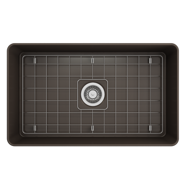 BOCCHI Aderci 30" Matte Brown Single Bowl Ultra-Slim Fireclay Farmhouse Sink Top View with Grid