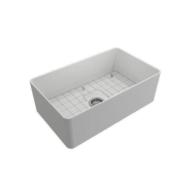 BOCCHI Aderci 30" Matte White Single Bowl Ultra-Slim Fireclay Farmhouse Sink Side View w/ Grid