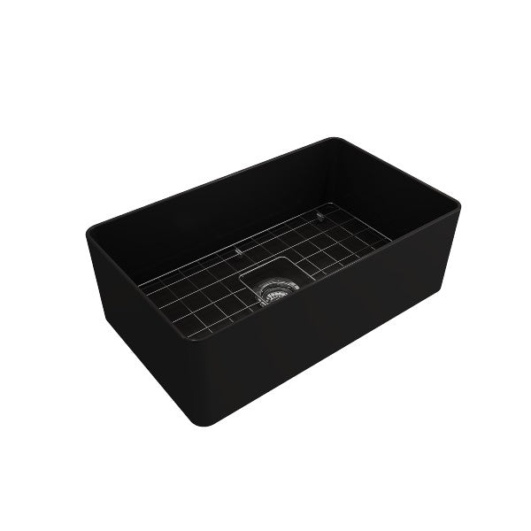 BOCCHI Aderci 30" Matte Black Single Bowl Ultra-Slim Fireclay Farmhouse Sink Side View w/ Grid