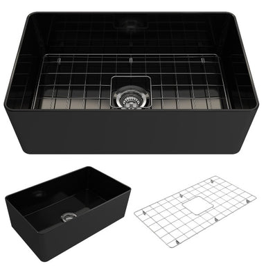 BOCCHI Aderci 30" Black Single Bowl Ultra-Slim Fireclay Farmhouse Sink Front View w/ Accesories