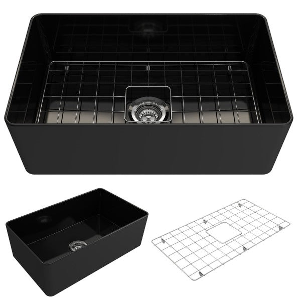 BOCCHI Aderci 30" Black Single Bowl Ultra-Slim Fireclay Farmhouse Sink Front View w/ Accesories