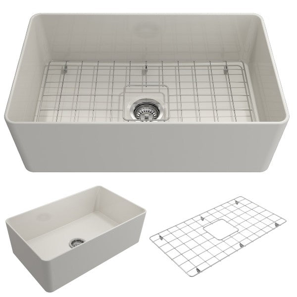 BOCCHI Aderci 30" Biscuit Single Bowl Ultra-Slim Fireclay Farmhouse Sink with accessories