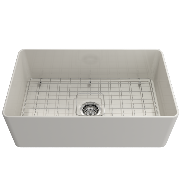 BOCCHI Aderci 30" Biscuit Single Bowl Ultra-Slim Fireclay Farmhouse Sink Front View with Grid