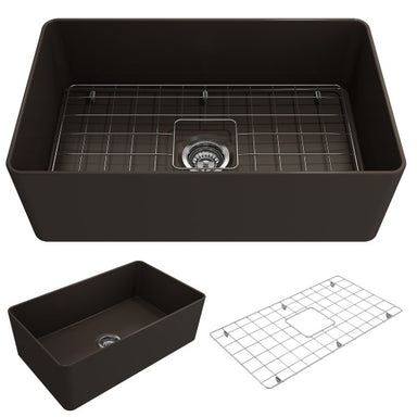BOCCHI Aderci 30" Matte Brown Single Bowl Ultra-Slim Fireclay Farmhouse Sink Front View with Grid
