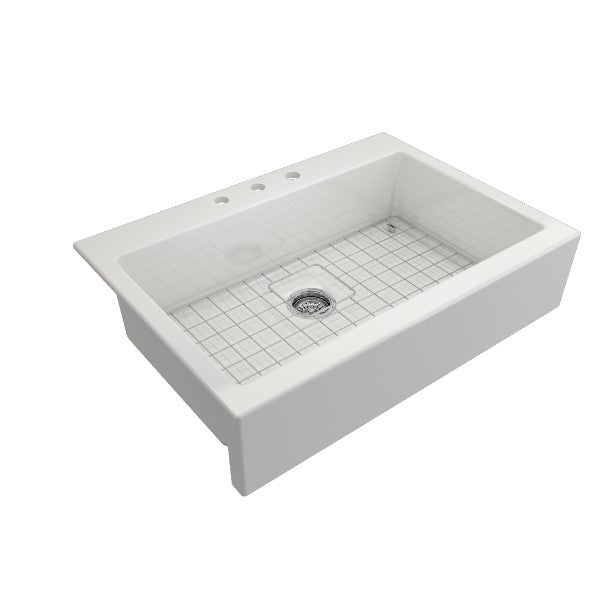 Bocchi Nuova 34" White Single Bowl Fireclay Drop-In Sink w/ Grid and Strainer