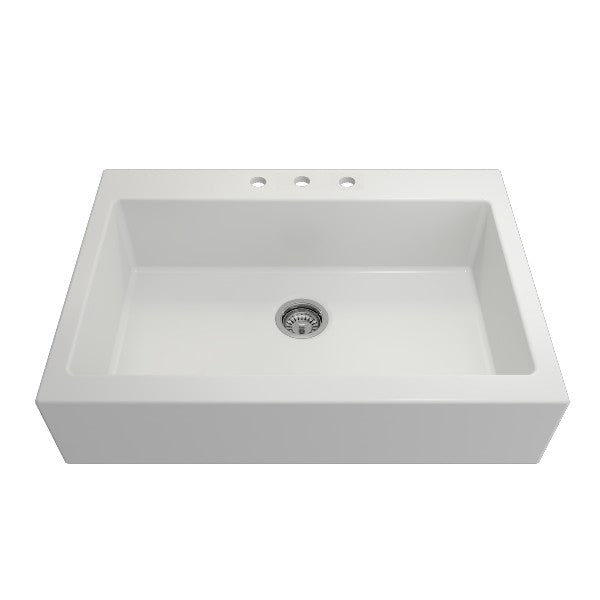Bocchi Nuova 34" Matte White Single Bowl Fireclay Drop-In Sink w/ Grid and Strainer