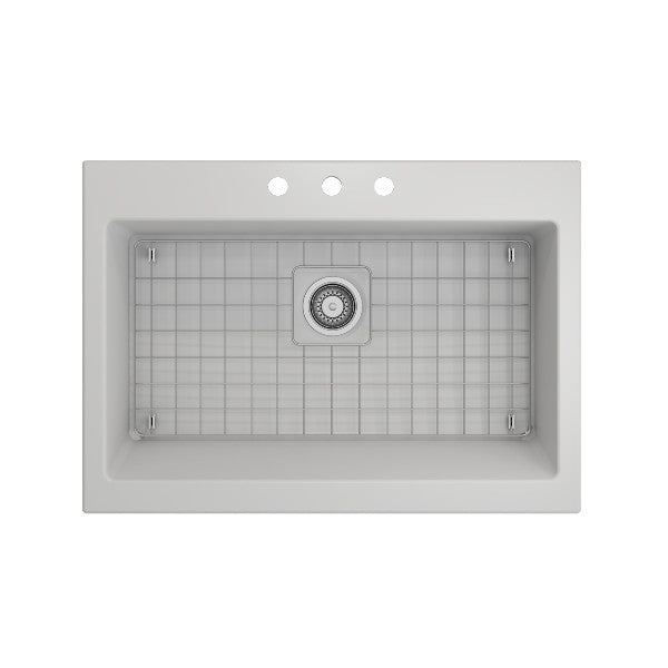 Bocchi Nuova 34" Matte White Single Bowl Fireclay Drop-In Sink w/ Grid and Strainer