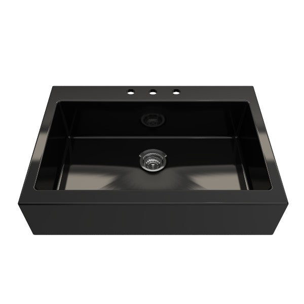 Bocchi Nuova 34" Black Single Bowl Fireclay Drop-In Sink w/ Grid and Strainer