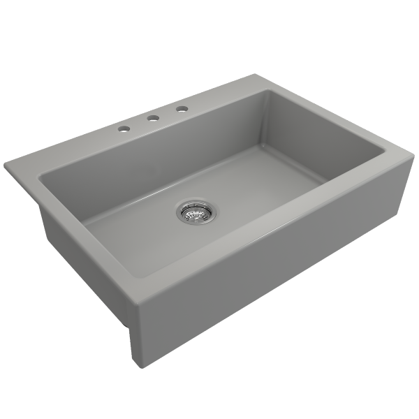 Bocchi Nuova 34" Matte Gray Single Bowl Fireclay Drop-In Sink w/ Grid and Strainer