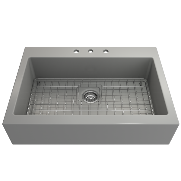 Bocchi Nuova 34" Matte Gray Single Bowl Fireclay Drop-In Sink w/ Grid and Strainer