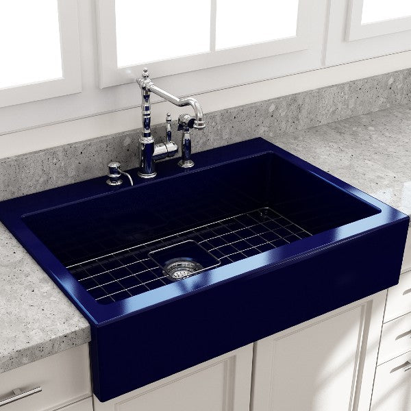 Bocchi Nuova 34" Blue Single Bowl Fireclay Drop-In Sink w/ Grid and Strainer
