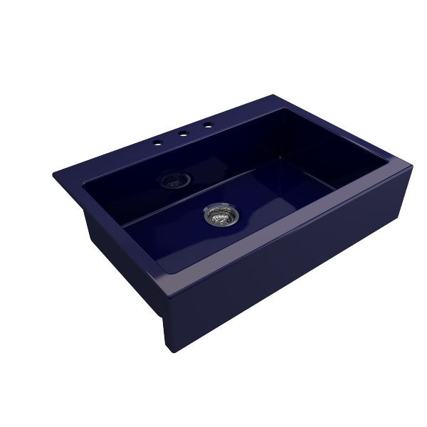 Bocchi Nuova 34" Blue Single Bowl Fireclay Drop-In Sink w/ Grid and Strainer