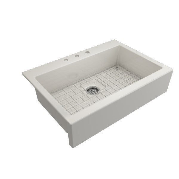 BOCCHI Nuova 34" Biscuit Single Bowl Fireclay Drop-In Sink w/ Grid and Strainer