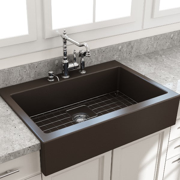 Bocchi Nuova 34" Matte Brown Single Bowl Fireclay Drop-In Sink w/ Grid and Strainer