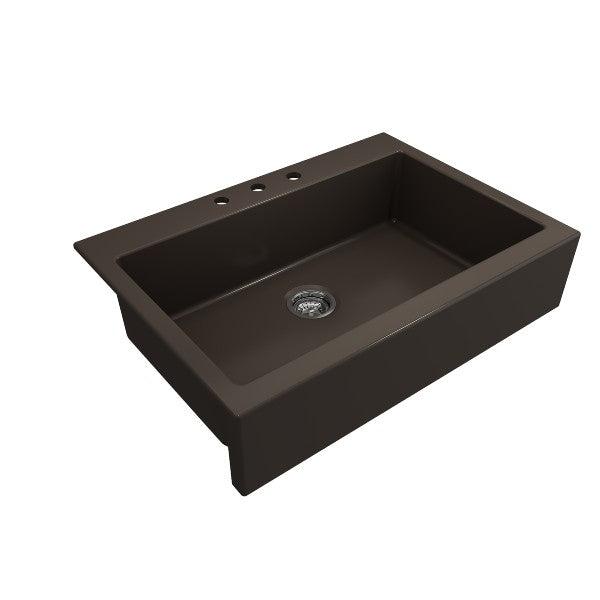 Bocchi Nuova 34" Matte Brown Single Bowl Fireclay Drop-In Sink w/ Grid and Strainer