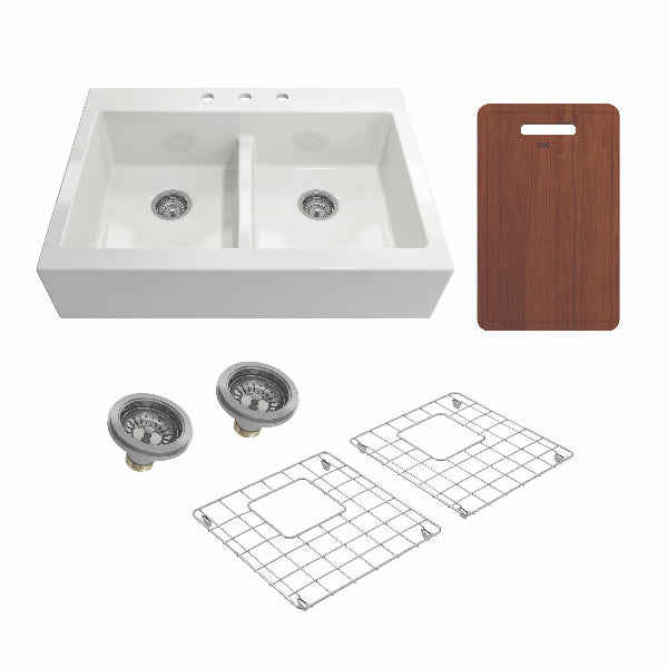 BOCCHI Nuova 34" White 50/50 Double Bowl Fireclay Drop-In Sink with Cutting Board