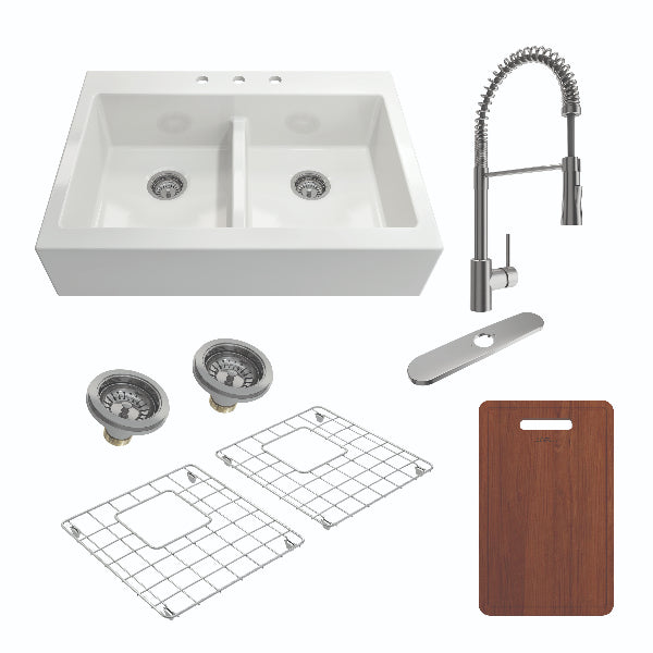 BOCCHI Nuova 34" White 50/50 Double Bowl Fireclay Drop-In Sink with Stainless Steel Faucet