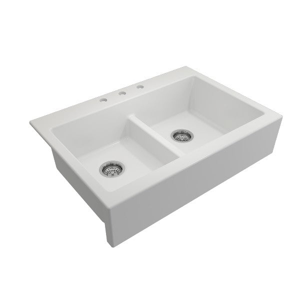 Bocchi Nuova 34" Matte White Double Bowl Fireclay Drop-In Sink w/ Grids and Strainers