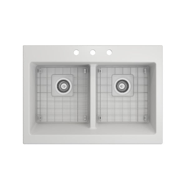 Bocchi Nuova 34" Matte White Double Bowl Fireclay Drop-In Sink w/ Grids and Strainers